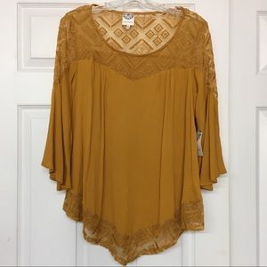 Late August Gauzy Embroidered Peasant Loose Fit Top Bell Sleeve Mustard Sz S NWT